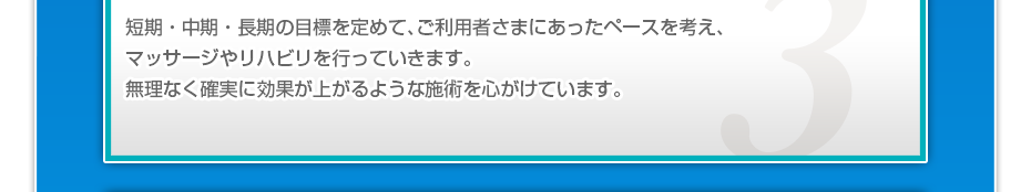 短期・中期・長期の目標を定めて、ご利用者さまにピッタリのペースを考え、マッサージやリハビリを行っていきます。無理なく確実に効果が上がるような施術を心がけています。