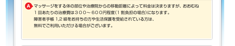 マッサージをする体の部位や治療院からの移動距離によって料金は決まりますが、 おおむね1回あたりの治療費は３００～6００円程度（1割負担の場合）になります。 障害者手帳1,2級をお持ちの方や生活保護を受給されている方は、無料でご利用いただける場合がございます。